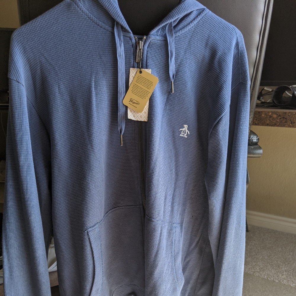 Men's blue penguin cotton hoodie zip up XL